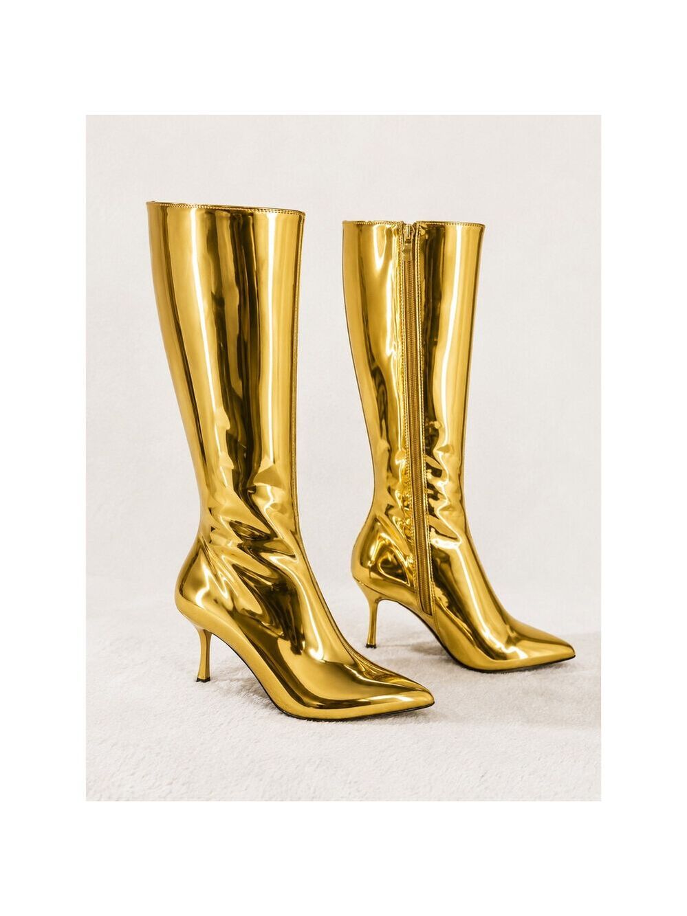 NIB Static Shiny Metallic Gold Knee Boots 3" Kitten Heels